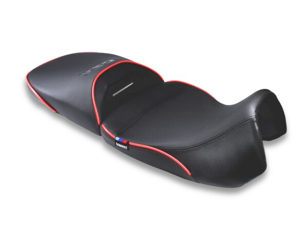 Sargent's Performance Plus aftermarket motorcycle seat in the Low Version with the red accents.